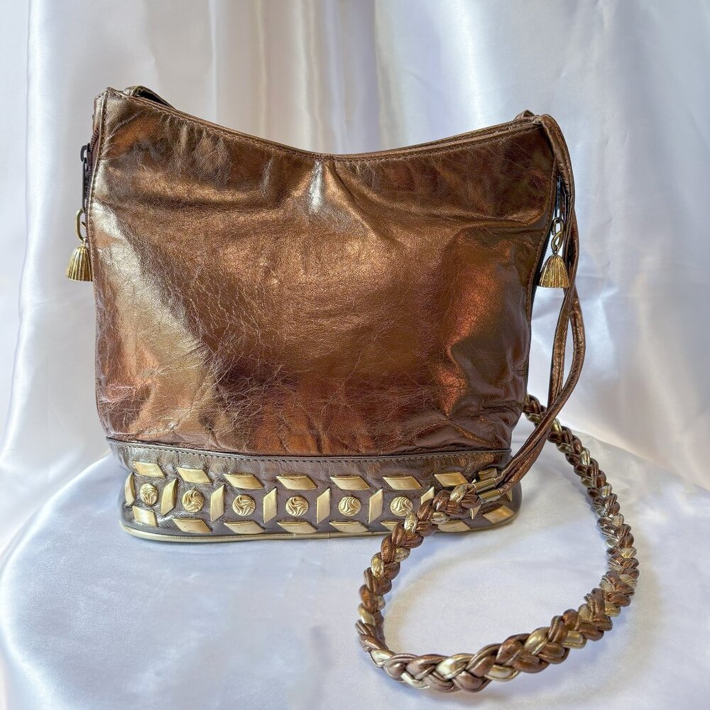 Dawli Vintage Studed Genuine Leather Made In U.S.A.Crossbody Purse Bag Rose Gold